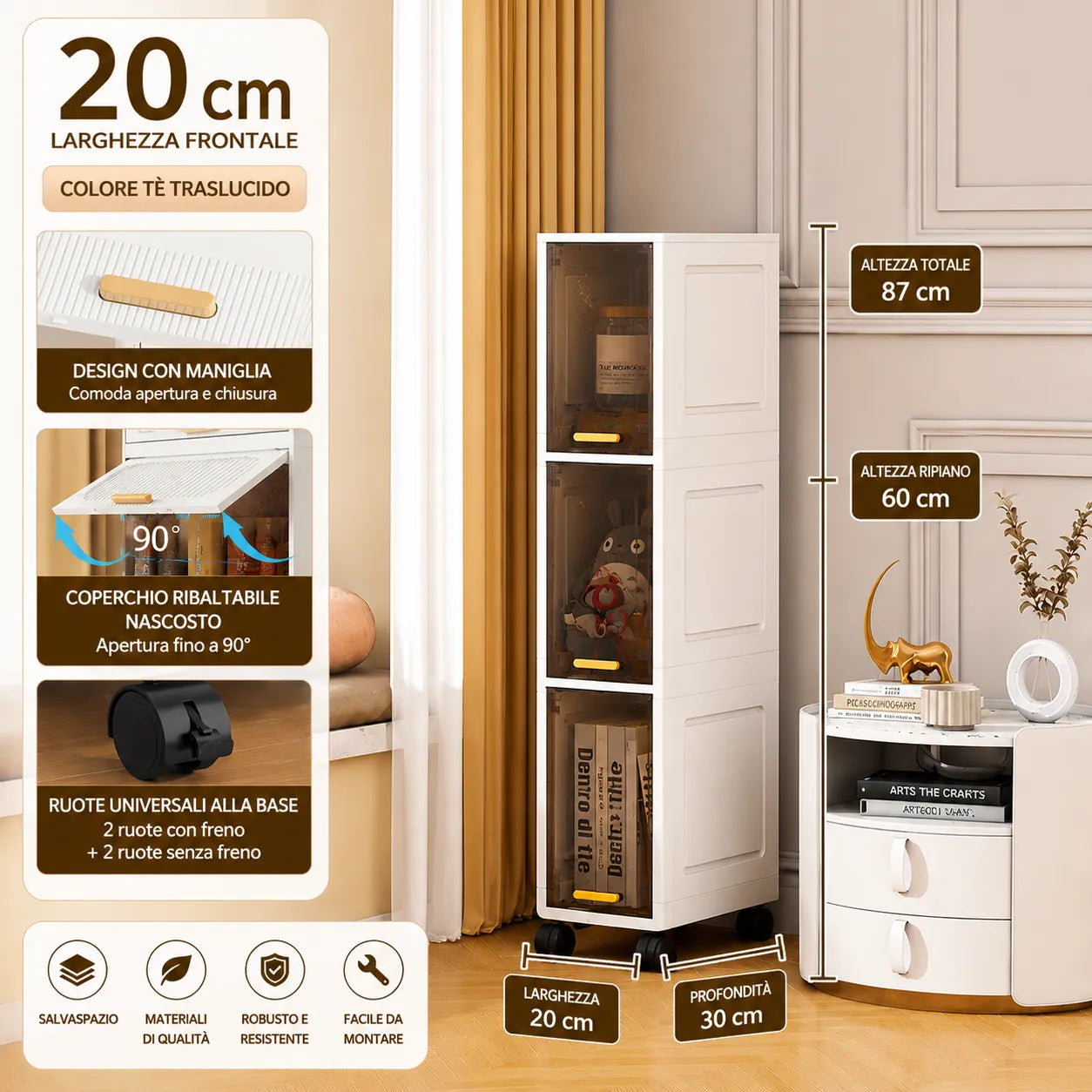 Mobiletto multiuso bianco con cassetti inferiori e vani a scaffale, su ruote