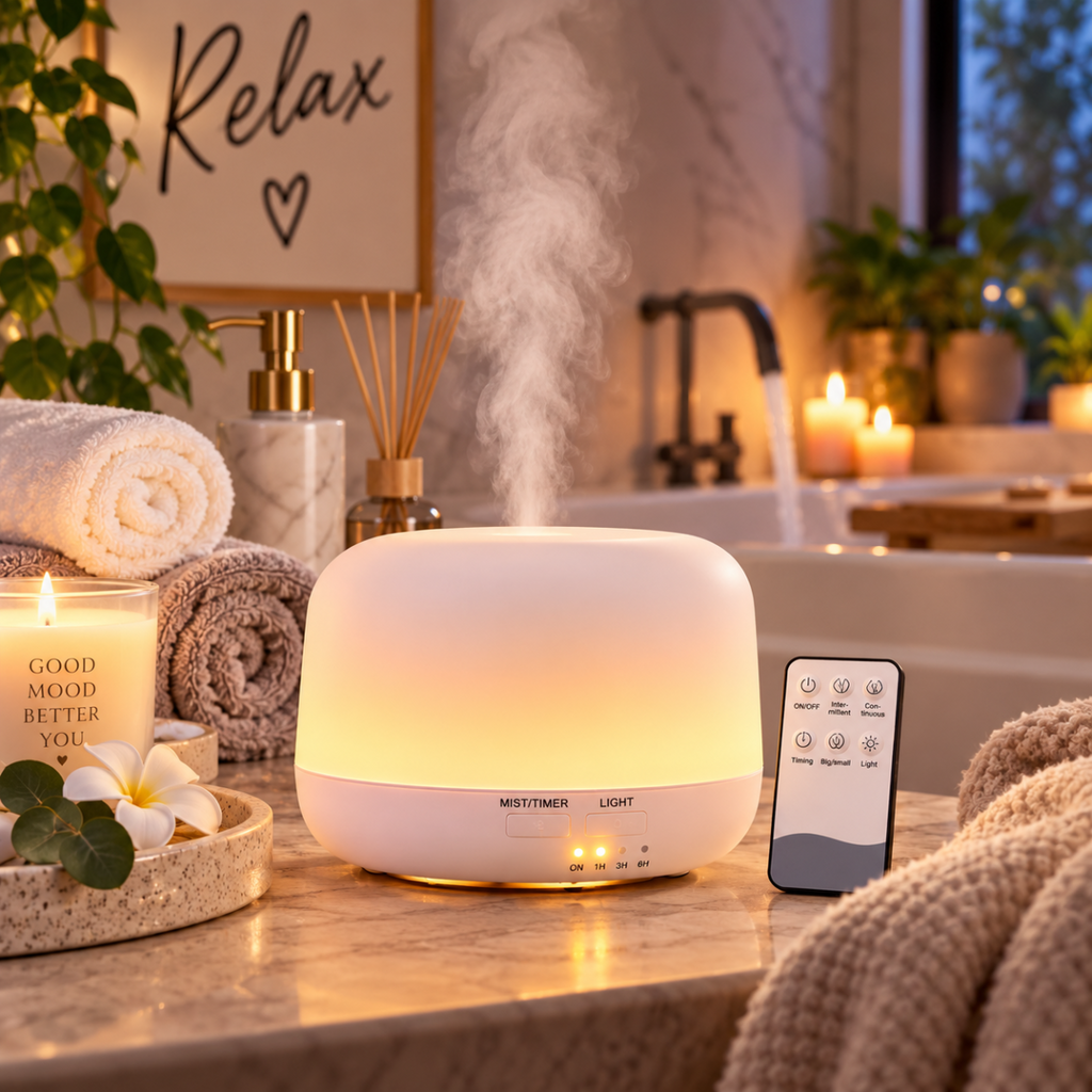 Diffusore aromi e umidificatore a ultrasuoni con luce LED calda e telecomando