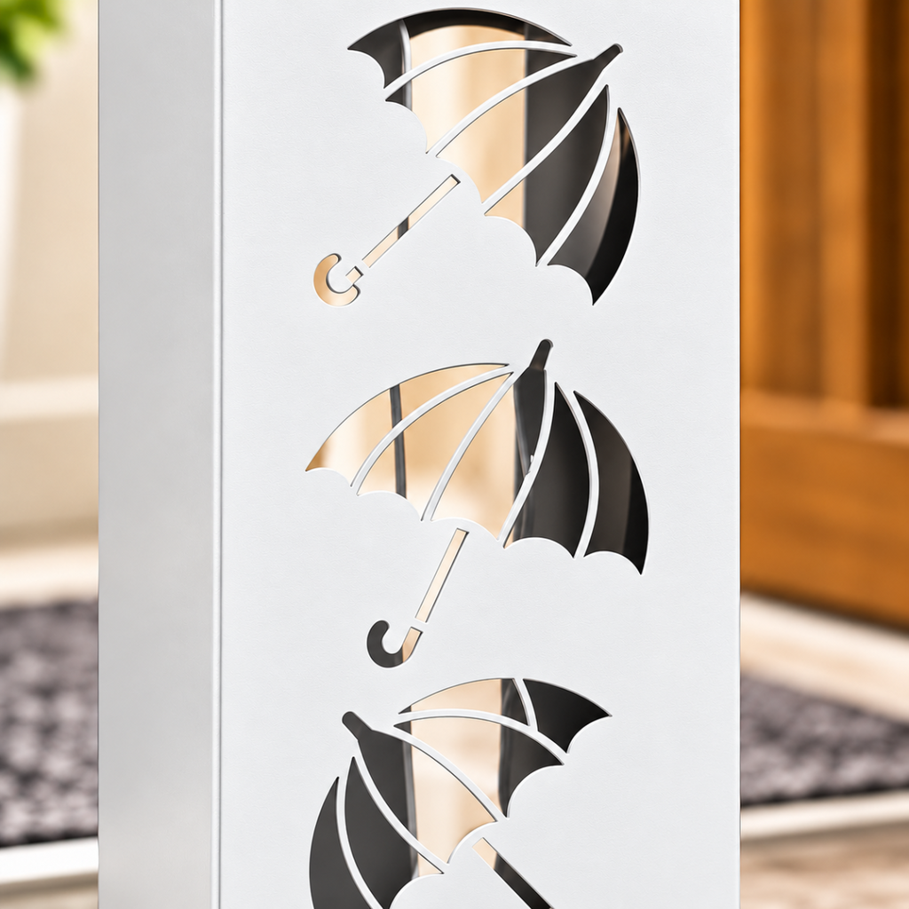 Portaombrelli bianco in ferro con decorazioni a ombrello in nero e beige sul fianco