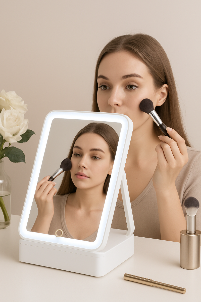 Specchio da trucco da tavolo con cornice LED bianche e base bianca inclinabile