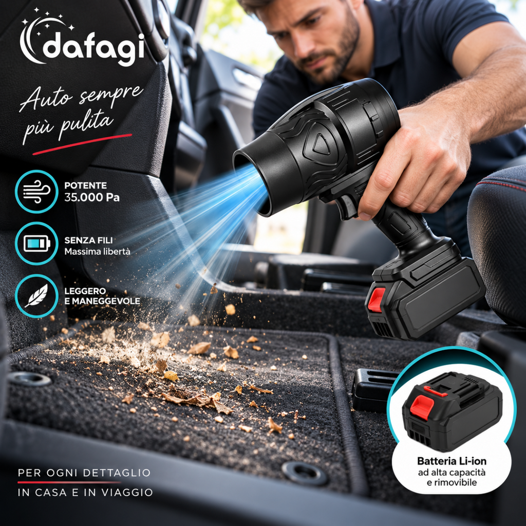 Soffiatore cordless nero puntato verso superficie con inclusa batteria al litio