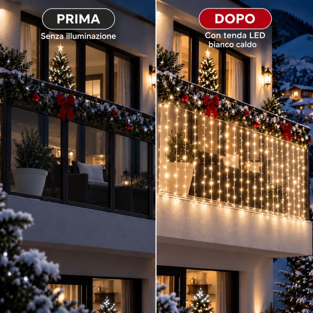 tenda luminosa LED a cascata con 720 luci bianco caldo e decorazioni invernali
