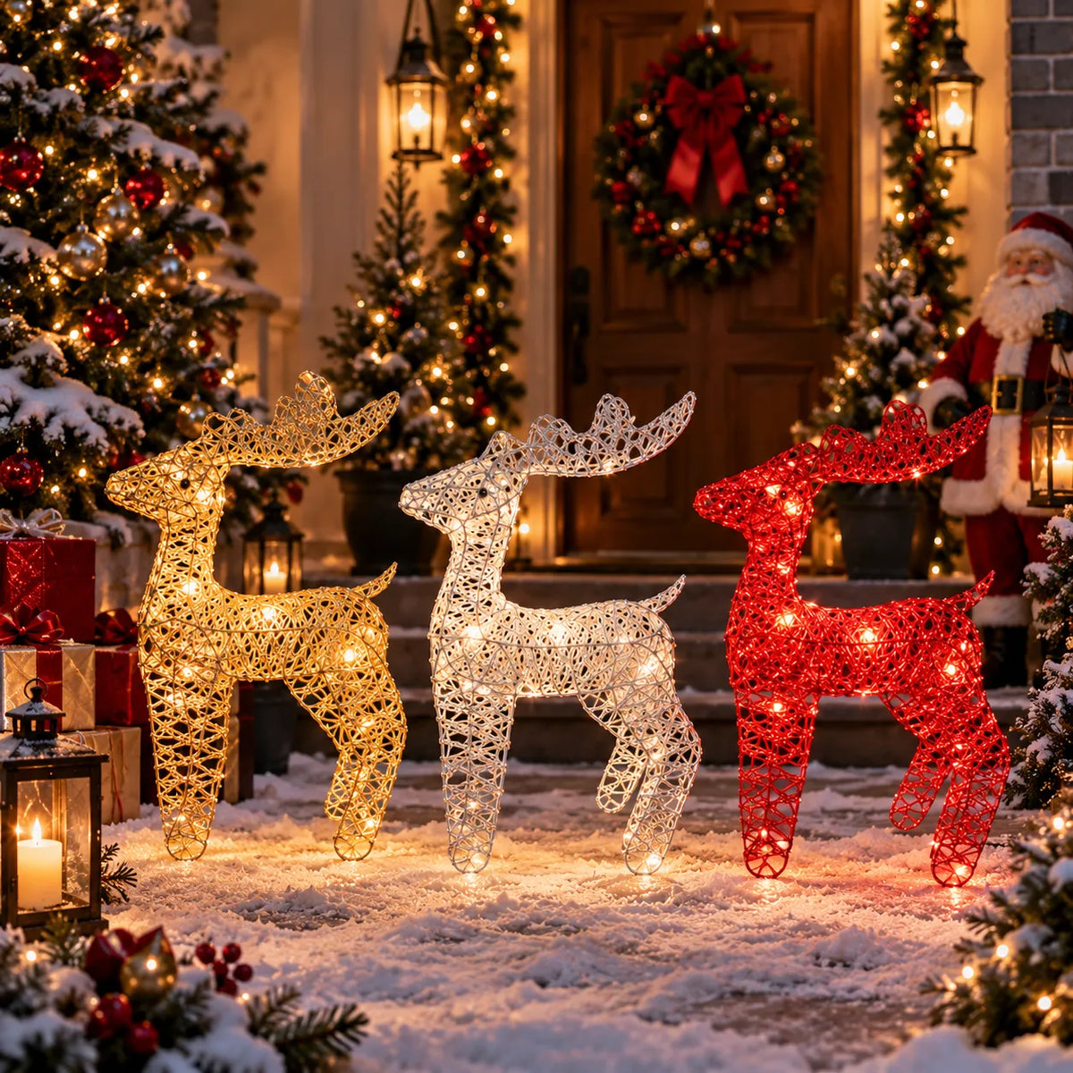 Tris di renne natalizie con luci LED, intreccio oro, argento e rosso