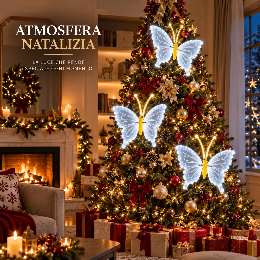 Farfalla LED decorativa bianca su albero di Natale, tre sagome a farfalla luminose