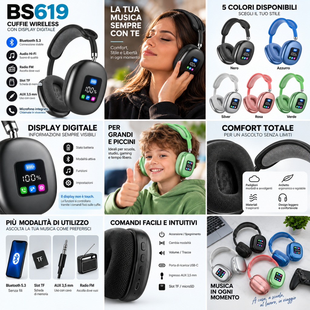 Cuffie wireless over-ear BS619 con display LED e 5 colori