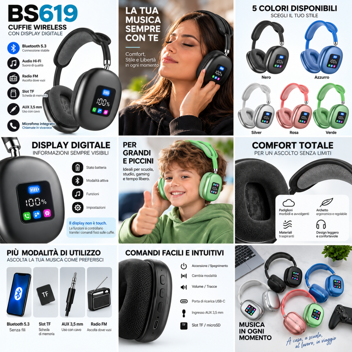 Cuffie wireless over-ear BS619 con display LED e 5 colori