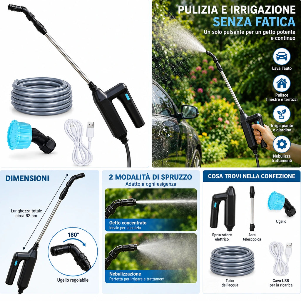 Spruzzatore elettrico con asta e tubo, accessori e cavo USB, ugello blu