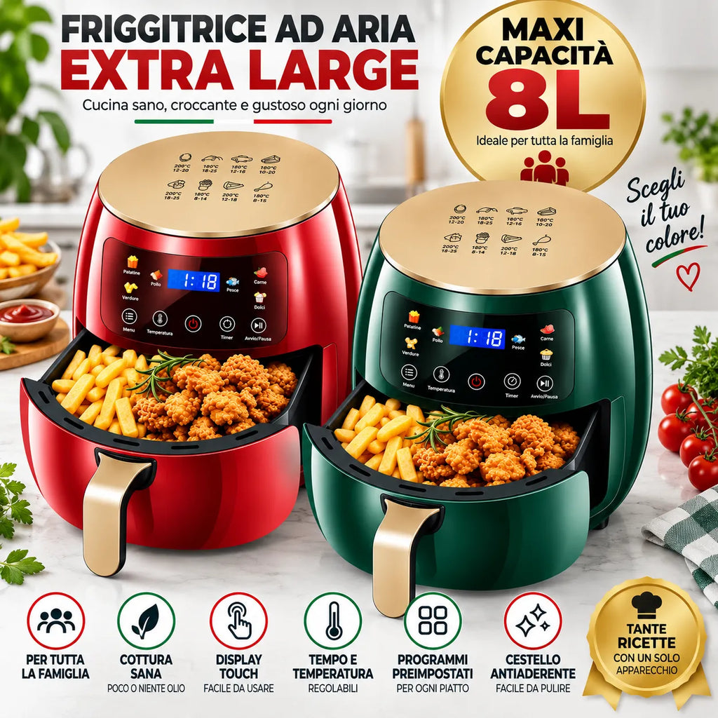 Friggitrice ad aria 8L rossa con display LED touch e cestello estraibile antiaderente