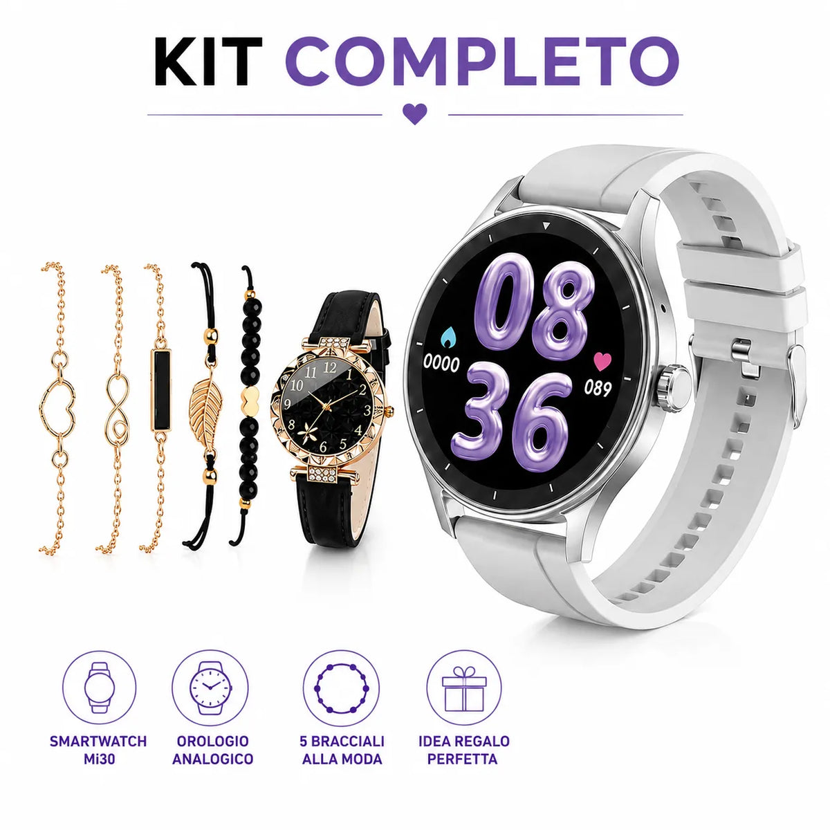Kit smartwatch AMOLED Beauty Miss con display viola, cinturino grigio e accessori bracciali