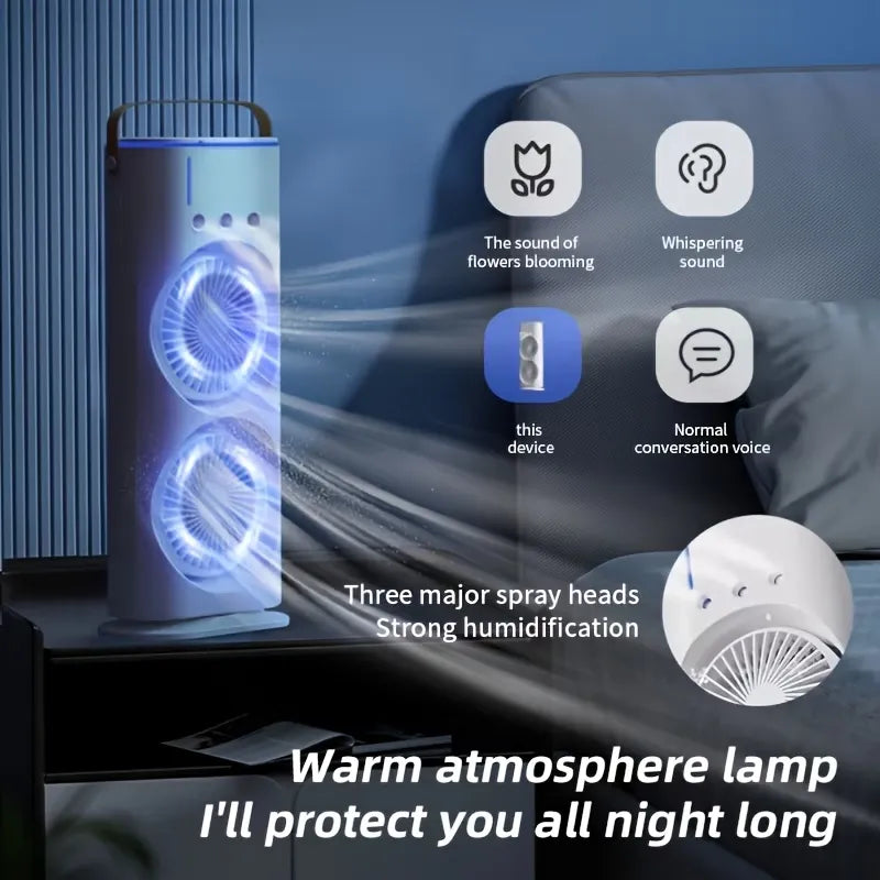 Ventilatore raffreddatore con doppia testa, luce blu e pannello tasti con icone