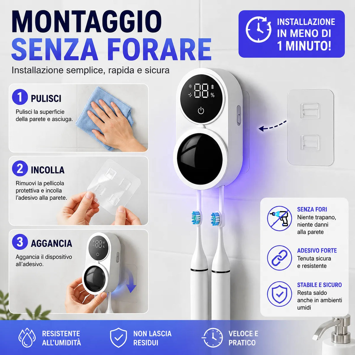 Sterilizzatore UV per spazzolini bianco con sensore e due spazzolini in sede