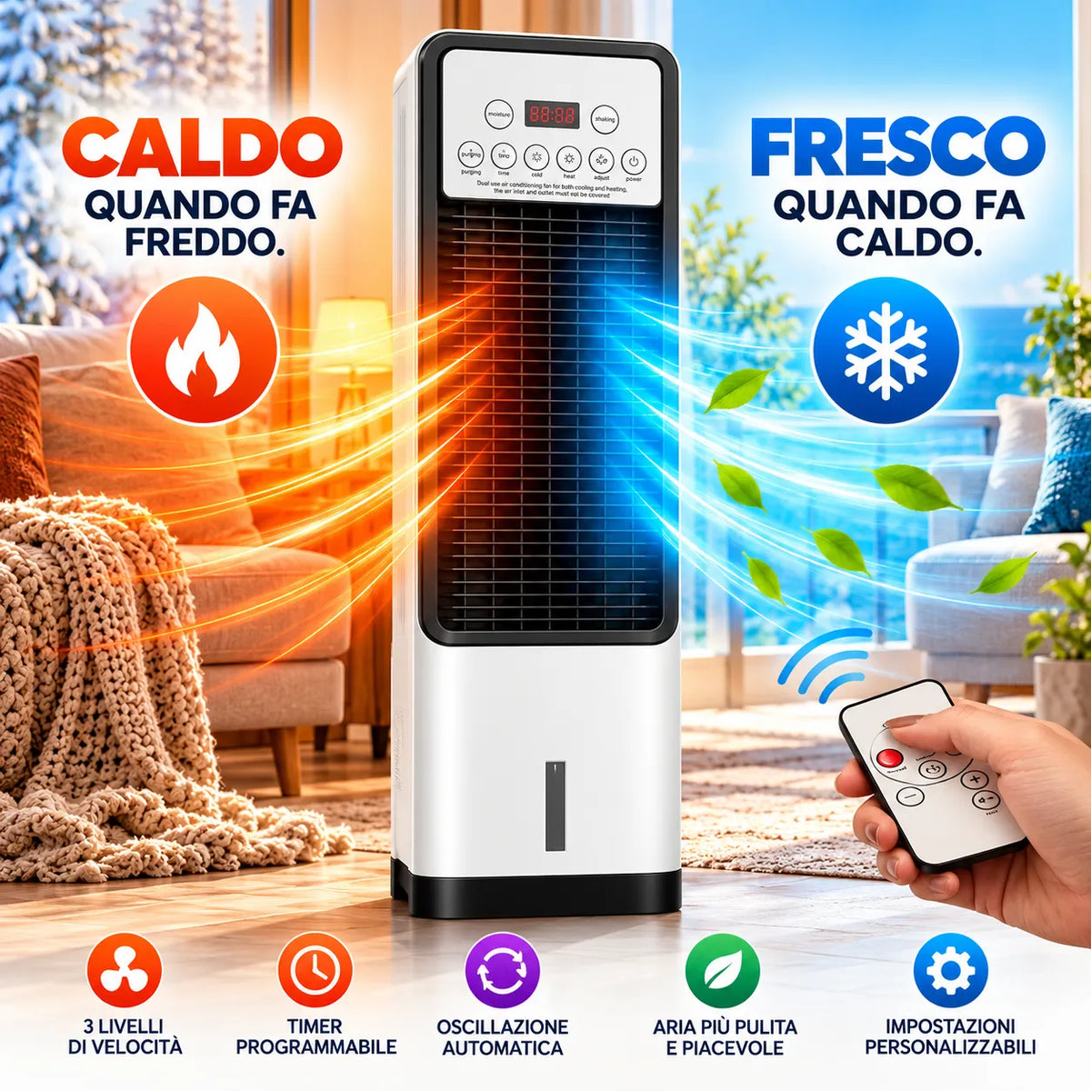 Raffrescatore/termoventilatore 3 in 1 bianco e nero con pannello touch e telecomando.