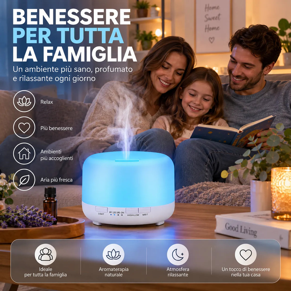 Diffusore di aromi a ultrasuoni bianco con luce blu, vapore e capacità 500 ml.
