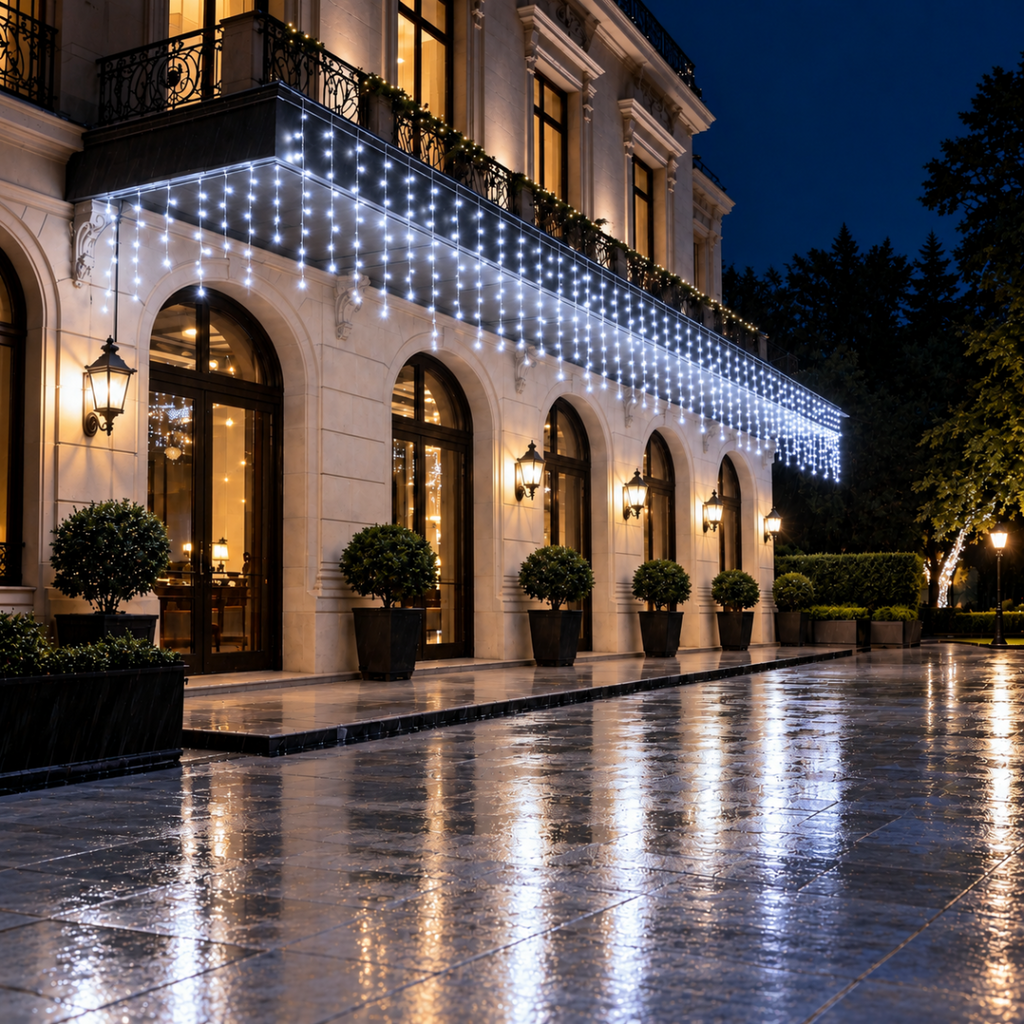 Tenda luminosa con luci a pioggia bianche e fili LED lungo facciata