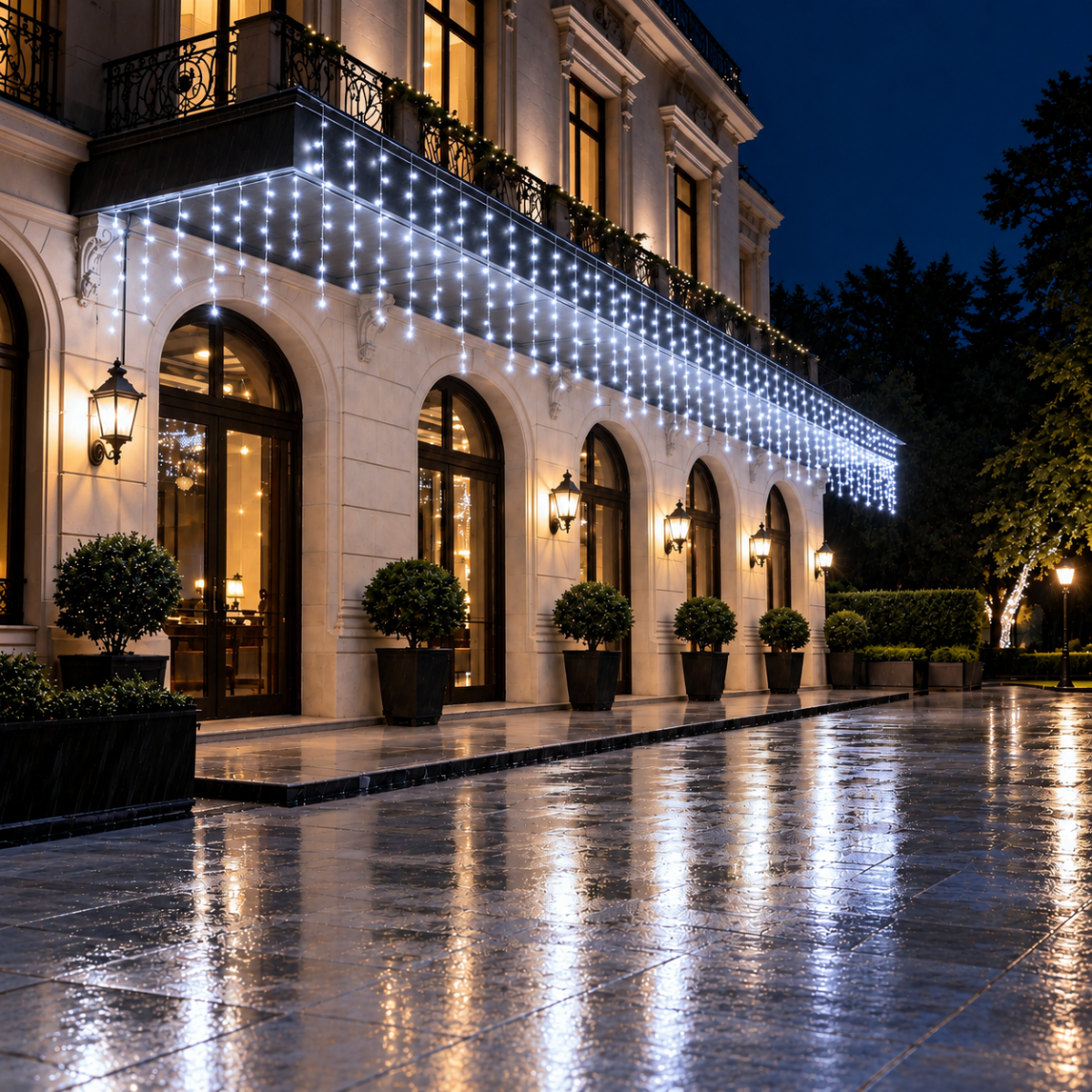 Tenda luminosa con luci a pioggia bianche e fili LED lungo facciata