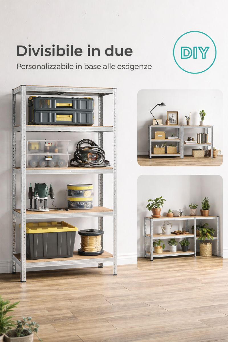 Scaffale Metallico 5 Ripiani 180×90×40 cm – Portata 80 kg per Ripiano Regolabile, Modulare, Senza Bulloni – Ideale per Garage, Cantina, Cucina, Ufficio