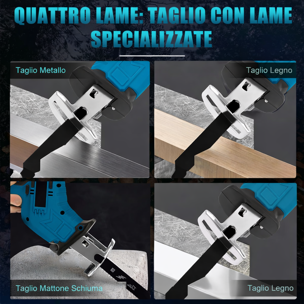 Seghetto Alternativo a Batteria 48V Portatile con 4 Lame – Sega Elettrica Multifunzione per Legno, Metallo e PVC con Luce LED, Motore Potente e Valigetta