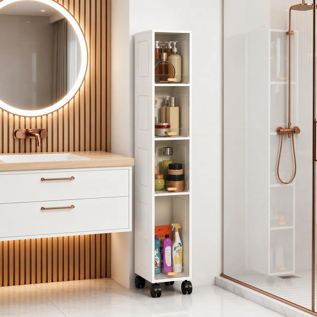 Mobiletto bianco stretto con scomparti interni e ruote, in ambiente bagno
