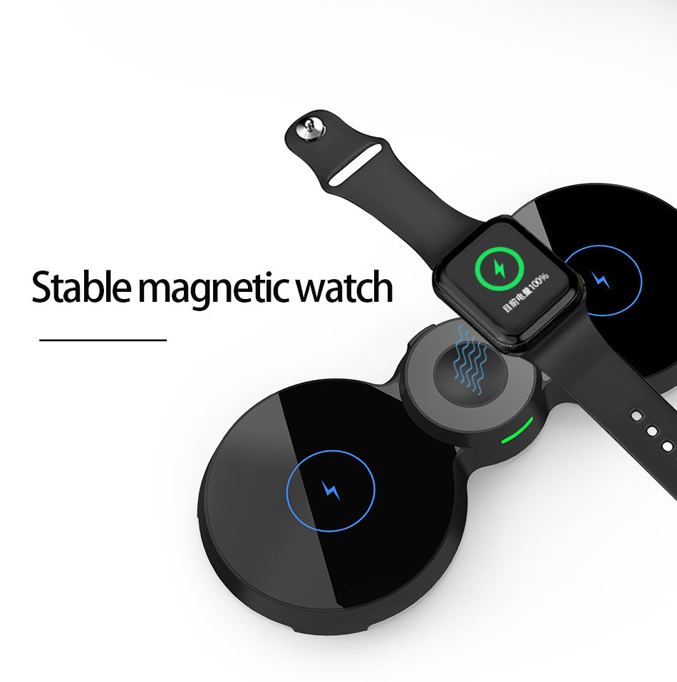 Caricatore wireless 3 in 1 nero con supporto magnetico per smartwatch e contatti
