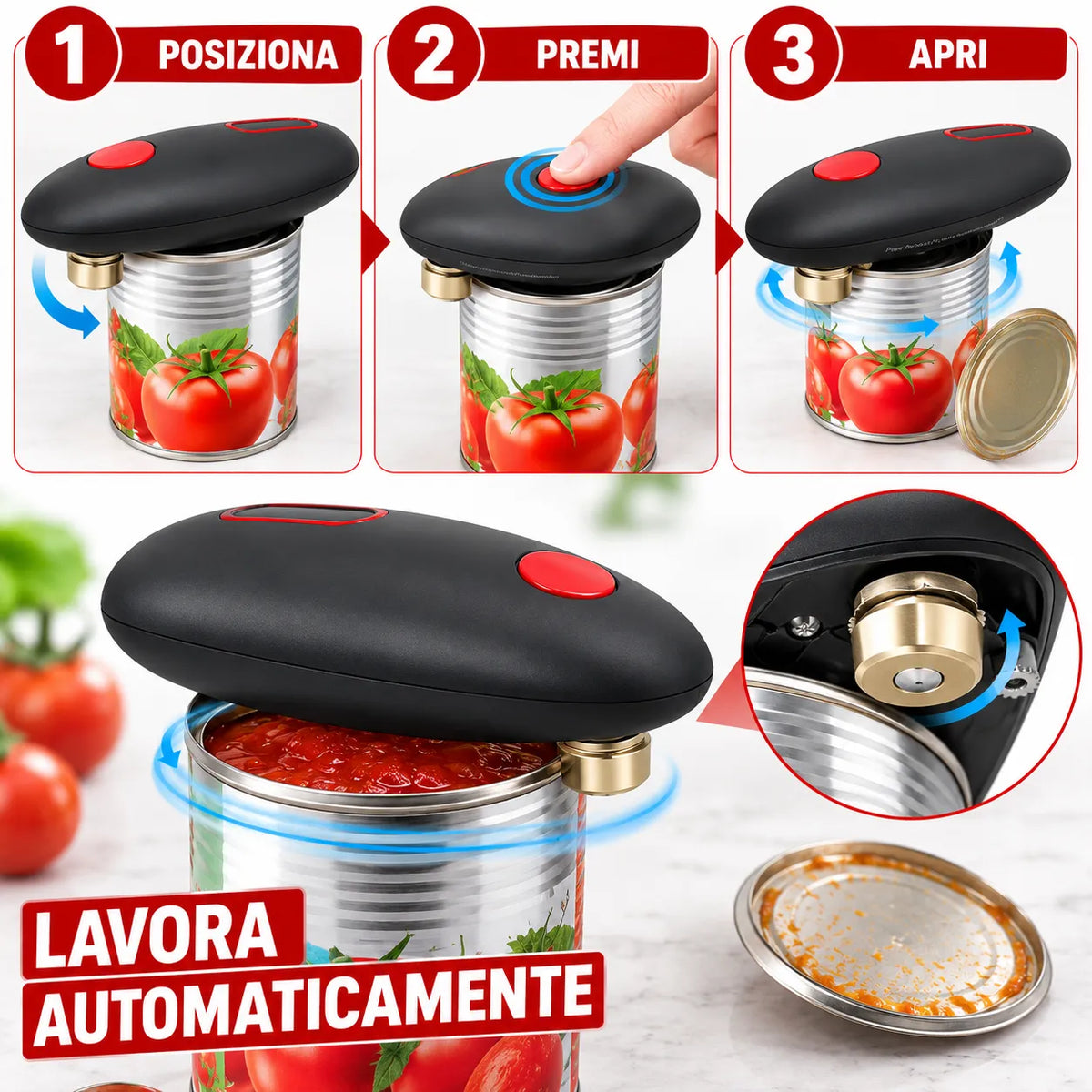 Apriscatole elettrico nero con pulsante rosso, base dorata e lattina aperta.