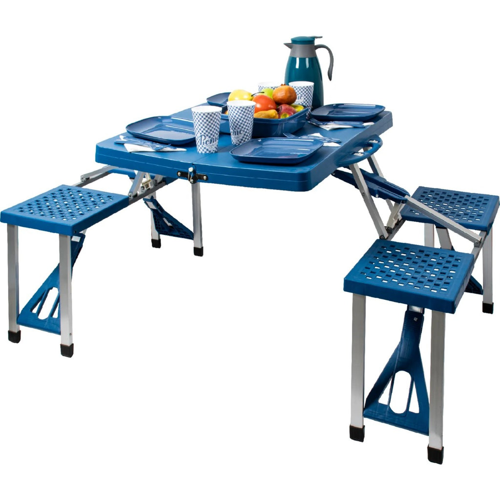 Set da picnic blu con tavolo pieghevole e 3 sgabelli in plastica