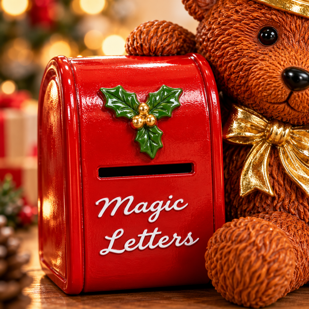 Cassetta rossa Magic Letters con fiocco verde e Orsetto con corona dorata