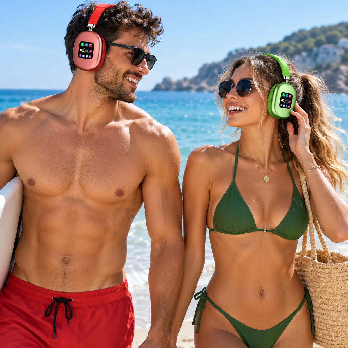 Cuffie wireless over-ear rosse e verdi con display LED sui pad