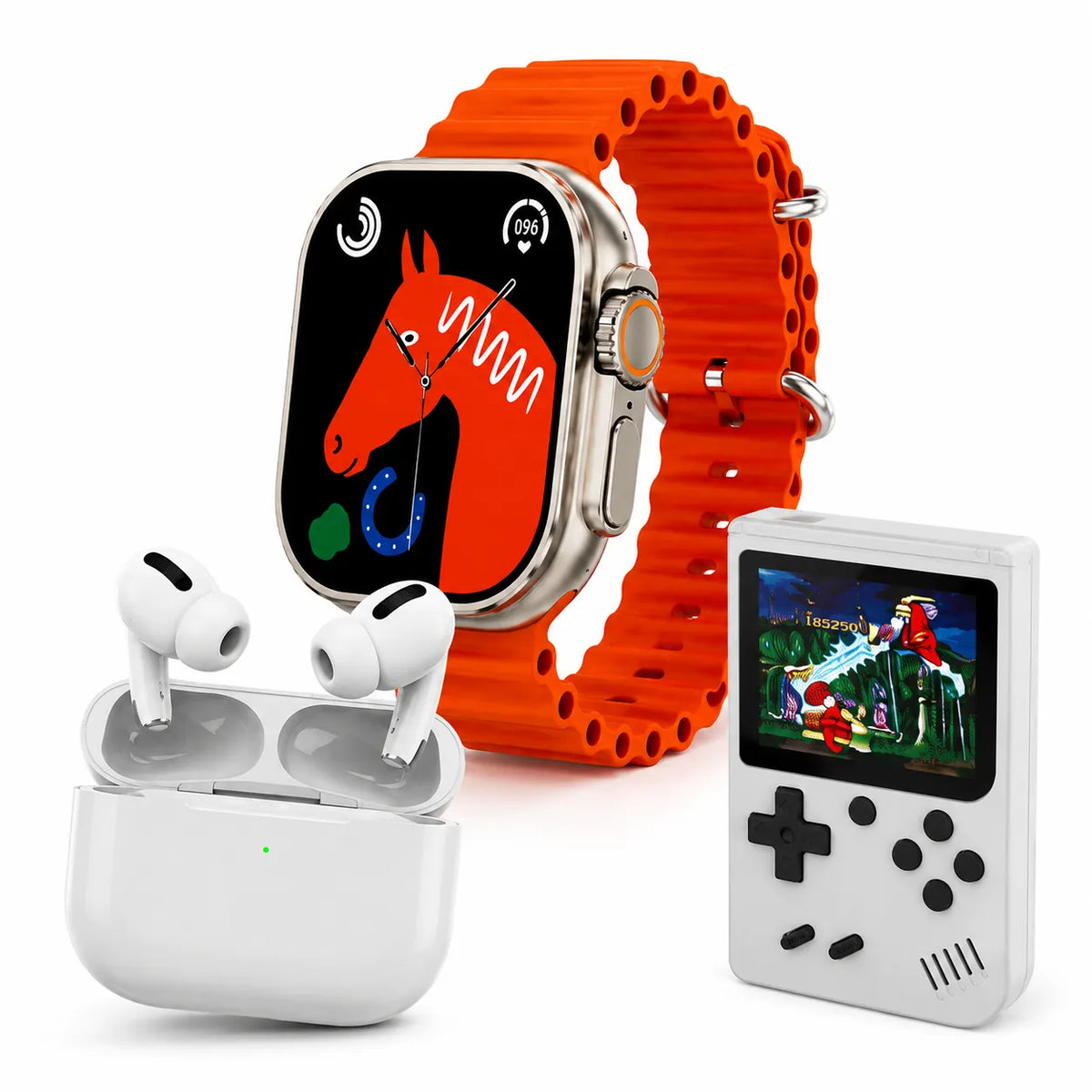 Smartwatch arancione con auricolari TWS bianchi e mini console di gioco portatile bianca