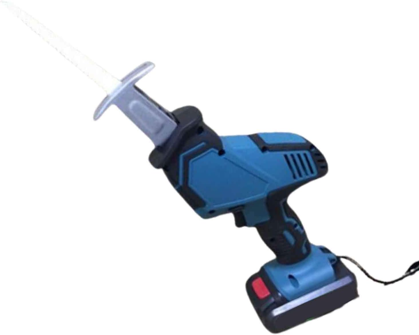 Sega a batteria blu con lama lunga e base stabile, impugnatura nera