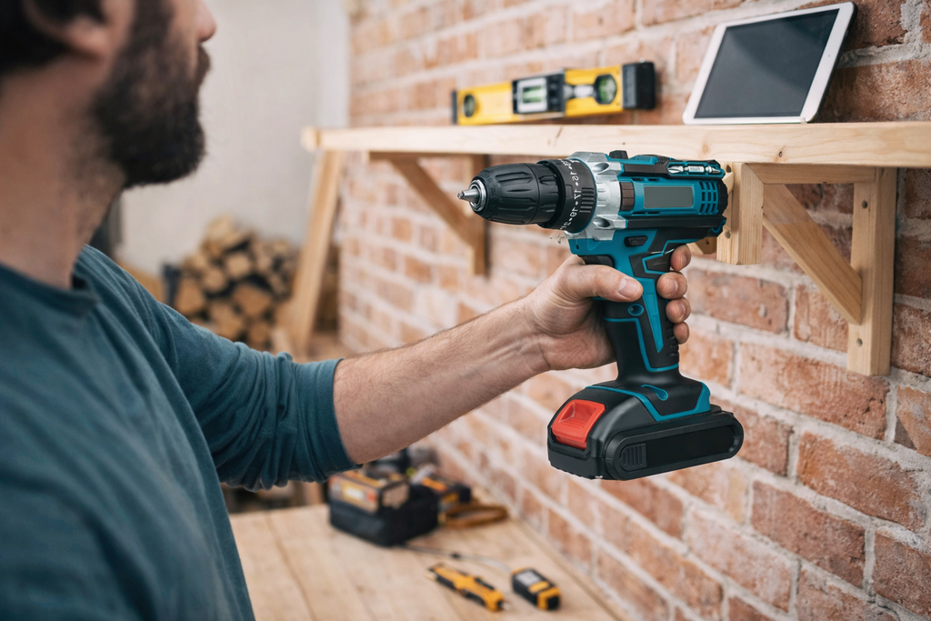 Trapano avvitatore a batteria blu/nero in uso su parete in mattoni