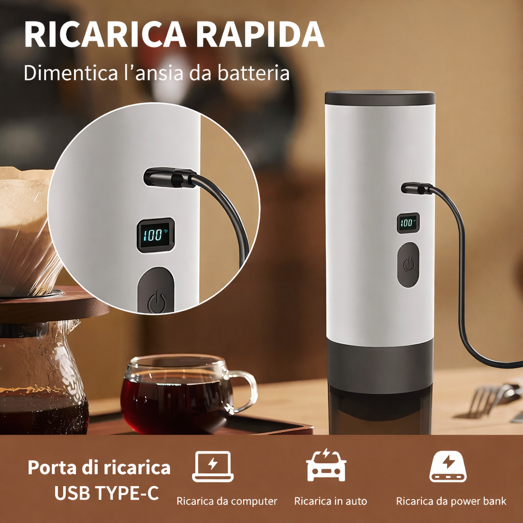 Macchina da caffè portatile a capsule bianca e nera con cavo USB-C.