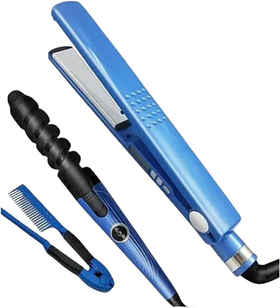 Set piastra per capelli blu con pettine e pinza per styling, accessorio nero a onde
