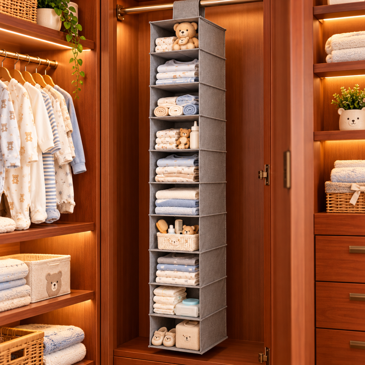 Organizer da appendere grigio con ripiani sospesi, per tessuti e accessori.