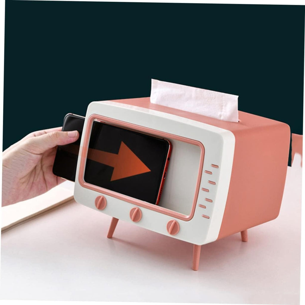 Porta fazzoletti a forma di TV bianco e rosa, con fazzoletto in alto e schermo nero