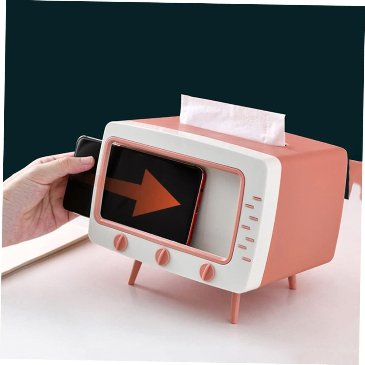 Porta fazzoletti a forma di TV bianco e rosa, con fazzoletto in alto e schermo nero