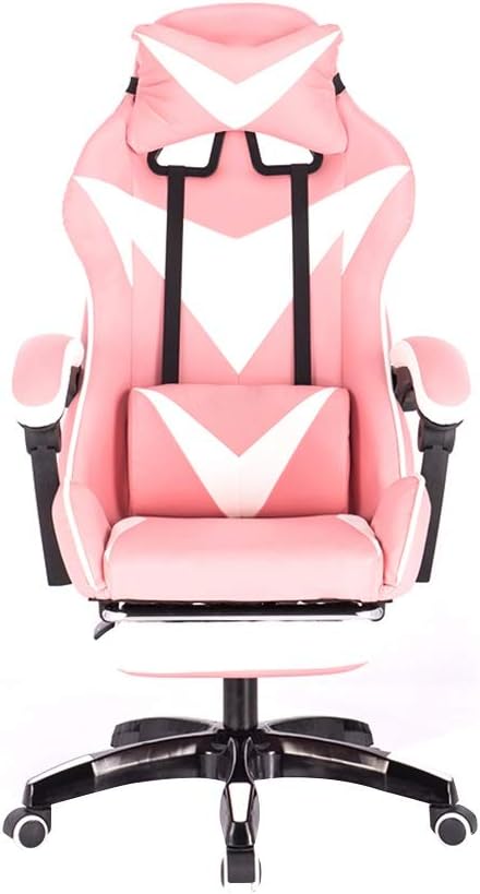 Poltrona gaming rosa chiusa con poggiapiedi e cuscini lombare e cervicale