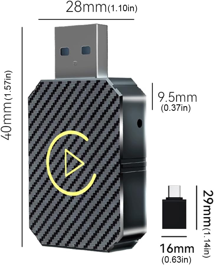 Adattatore wireless con motivo carbonio, misure 28mm e 9,5mm indicate nella figura
