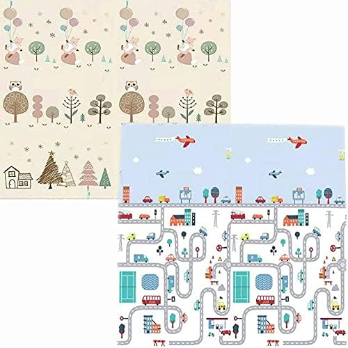 Tappetino da gioco reversibile per bambini, motivo strade e animali su due lati beige/bianco
