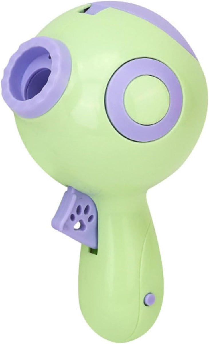 Dispenser automatico per dolcetti per cani verde con vano viola e finestra circolare