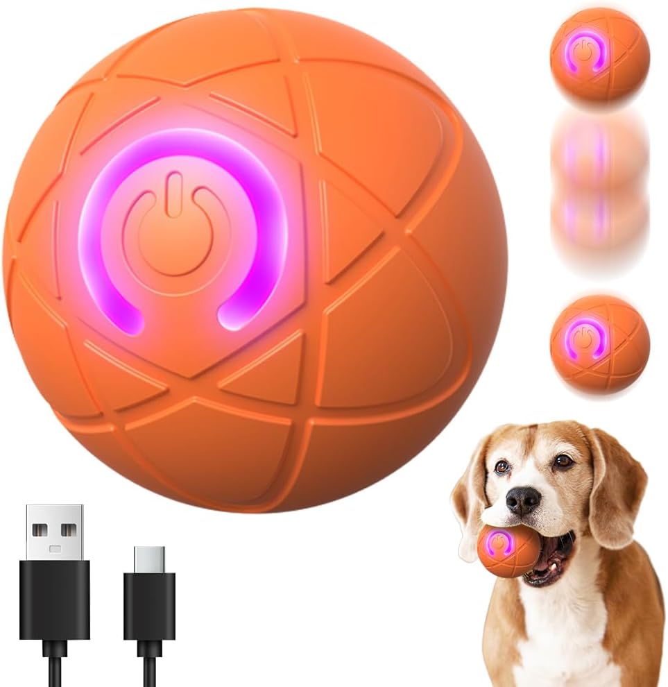 Palla rotante LED arancione per cani, luci viola, sfera in plastica con USB