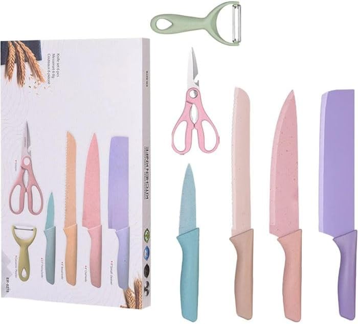 Confezione regalo con set di coltelli colorati, manici sagomati e lame di diverse tinte