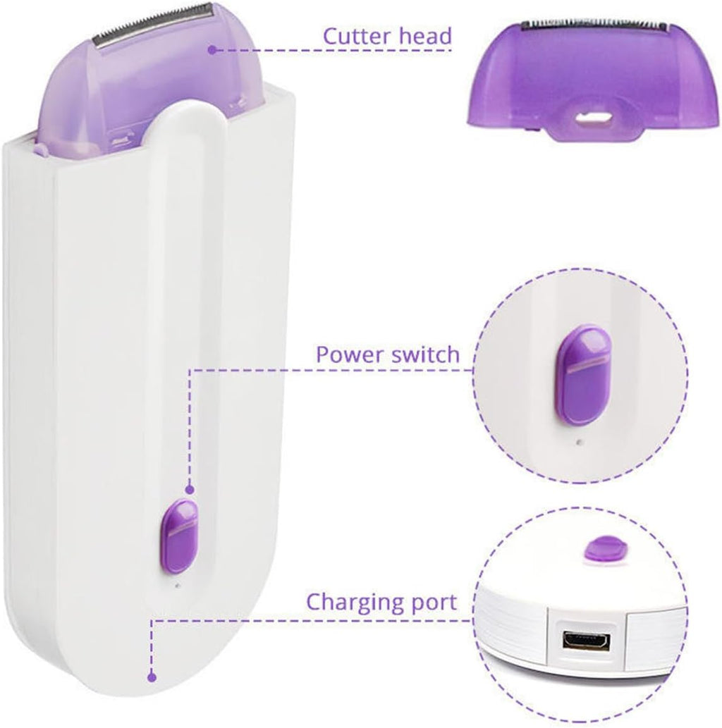 Epilatore elettrico bianco con testina tagliacapelli viola e porta di ricarica