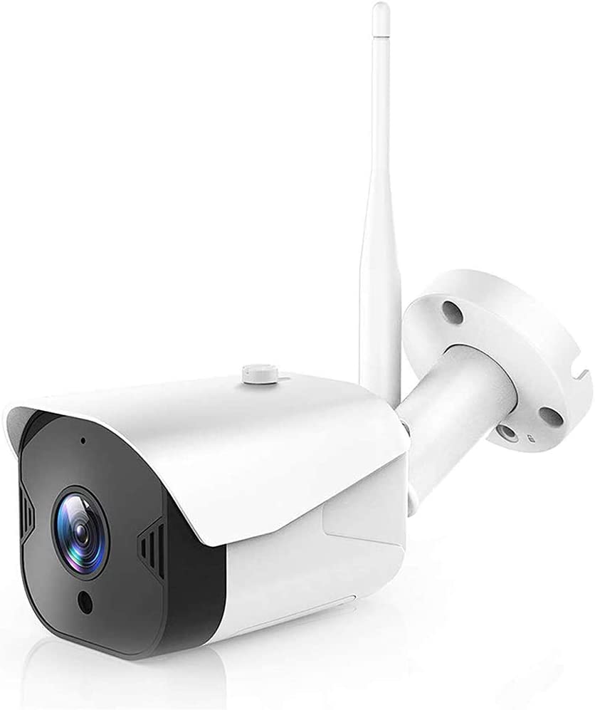 Telecamera Wi‑Fi esterna 1080P bianca con antenna e lente frontale, corpo compatto