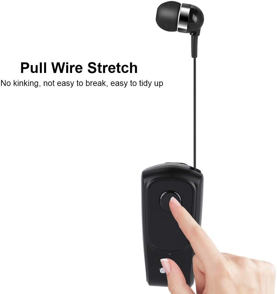 Auricolare Bluetooth wireless nero con microfono a filo retrattile e pulsante