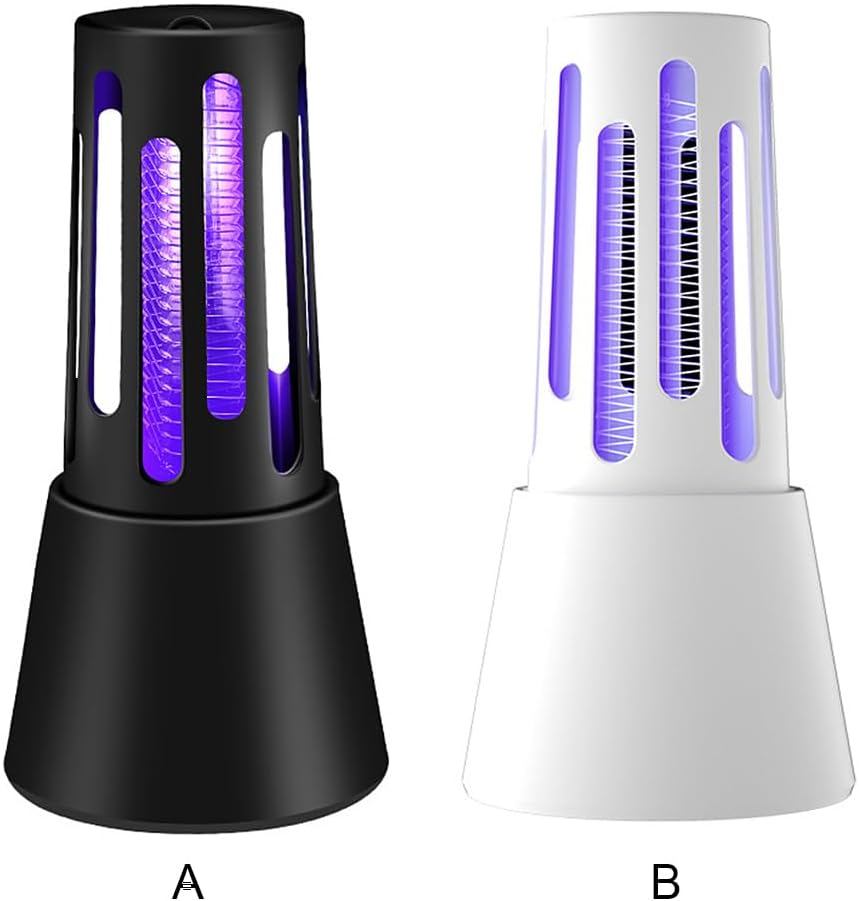 Lampade zanzariere elettriche nere e bianche, entrambe con tubi viola accesi.