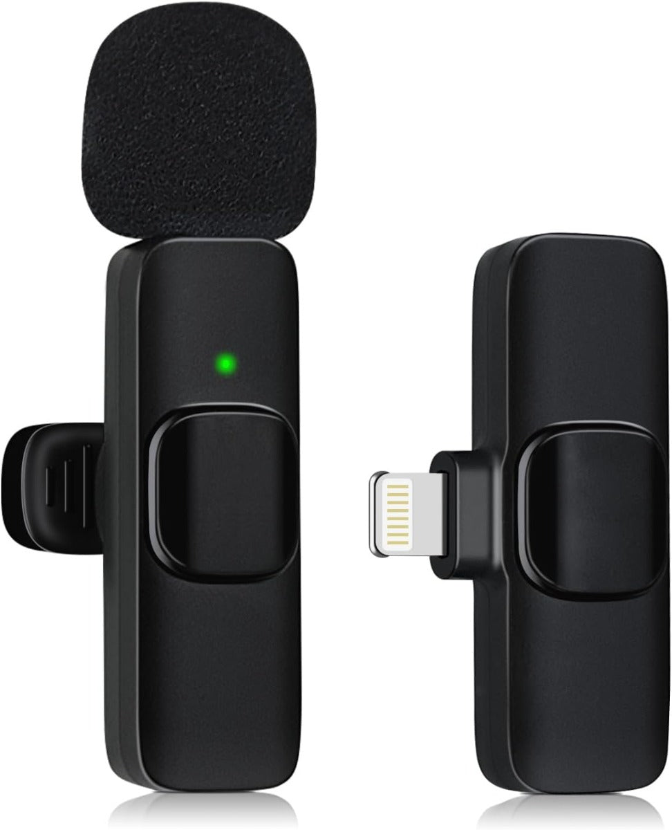 Microfono lavalier wireless nero con spugna e luce verde
