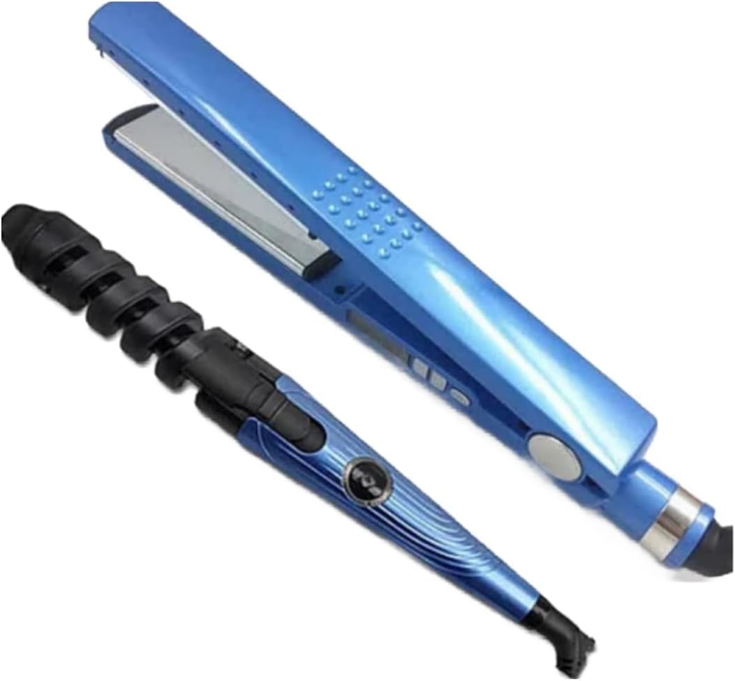 Piastra per capelli blu con piastre metalliche e accessorio nero per ricci