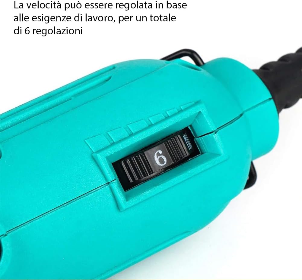 Mini smerigliatrice elettrica teal con display velocità impostata su 6