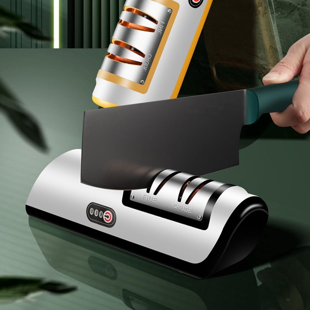 Affilacoltelli elettrico bianco con base arancione e fermi per lame