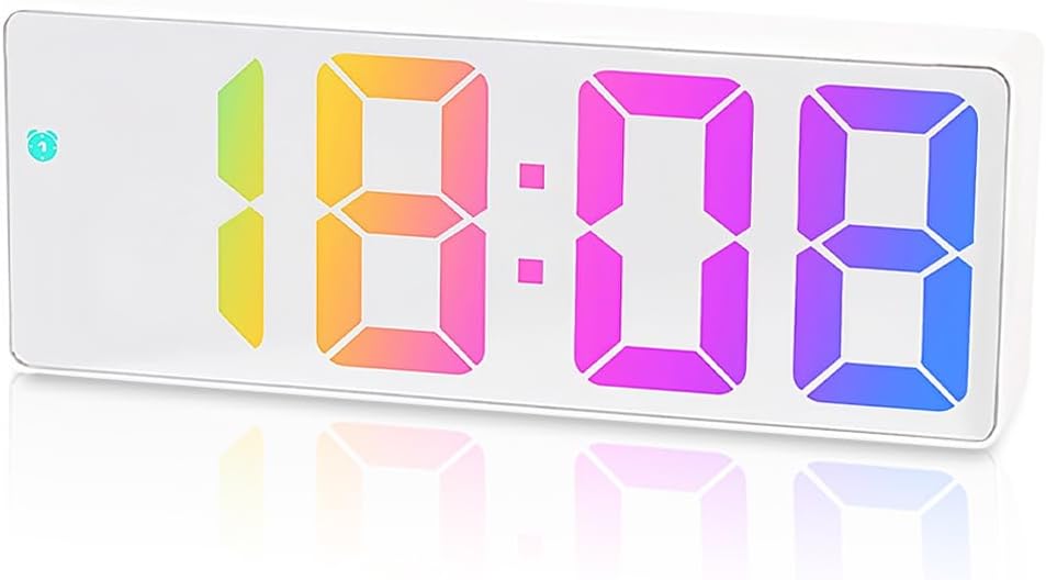 Sveglia digitale LED da comodino bianca con display a cifre luminose multicolore